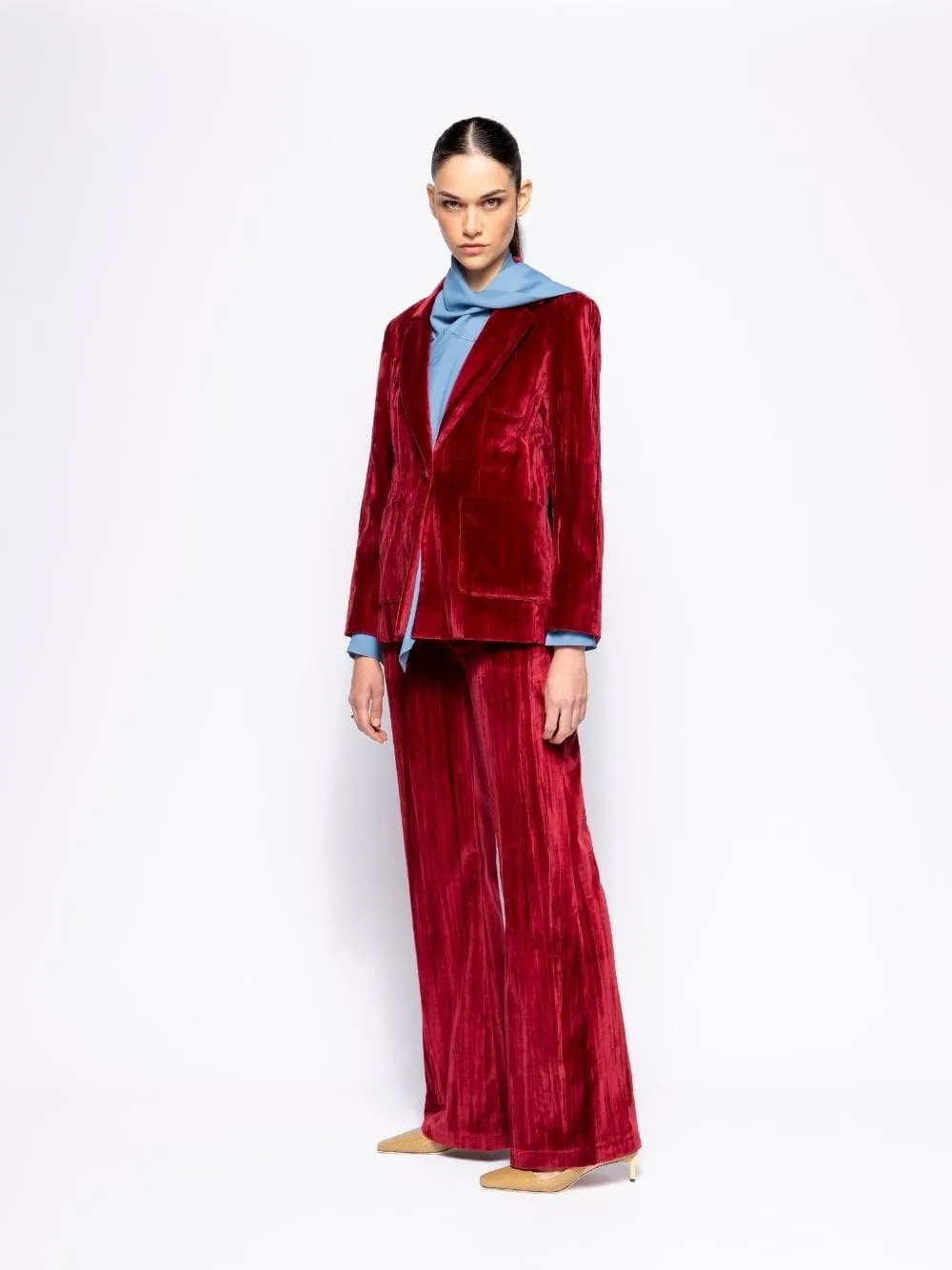 Tansy Cabernet Velvet Plissé Blazer