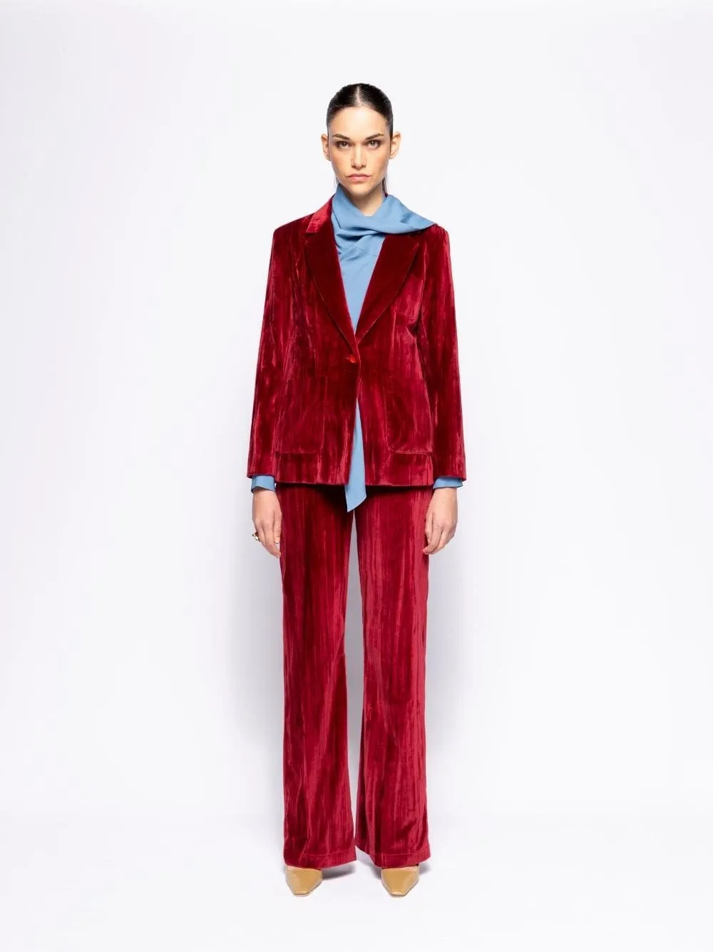 Tansy Cabernet Velvet Plissé Blazer