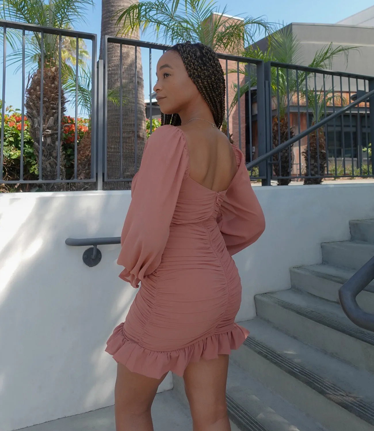 Tea Party Ruched Long Sleeve Dress(Dark Rose)