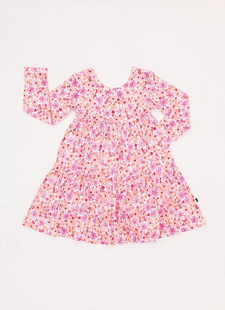 The Sleepy Sloth Blushing Blooms Pink Floral Print Girls Tiered Long Sleeve Twirlie Dress