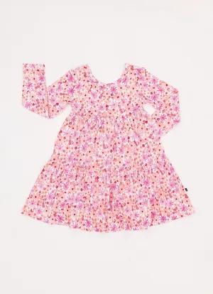 The Sleepy Sloth Blushing Blooms Pink Floral Print Girls Tiered Long Sleeve Twirlie Dress