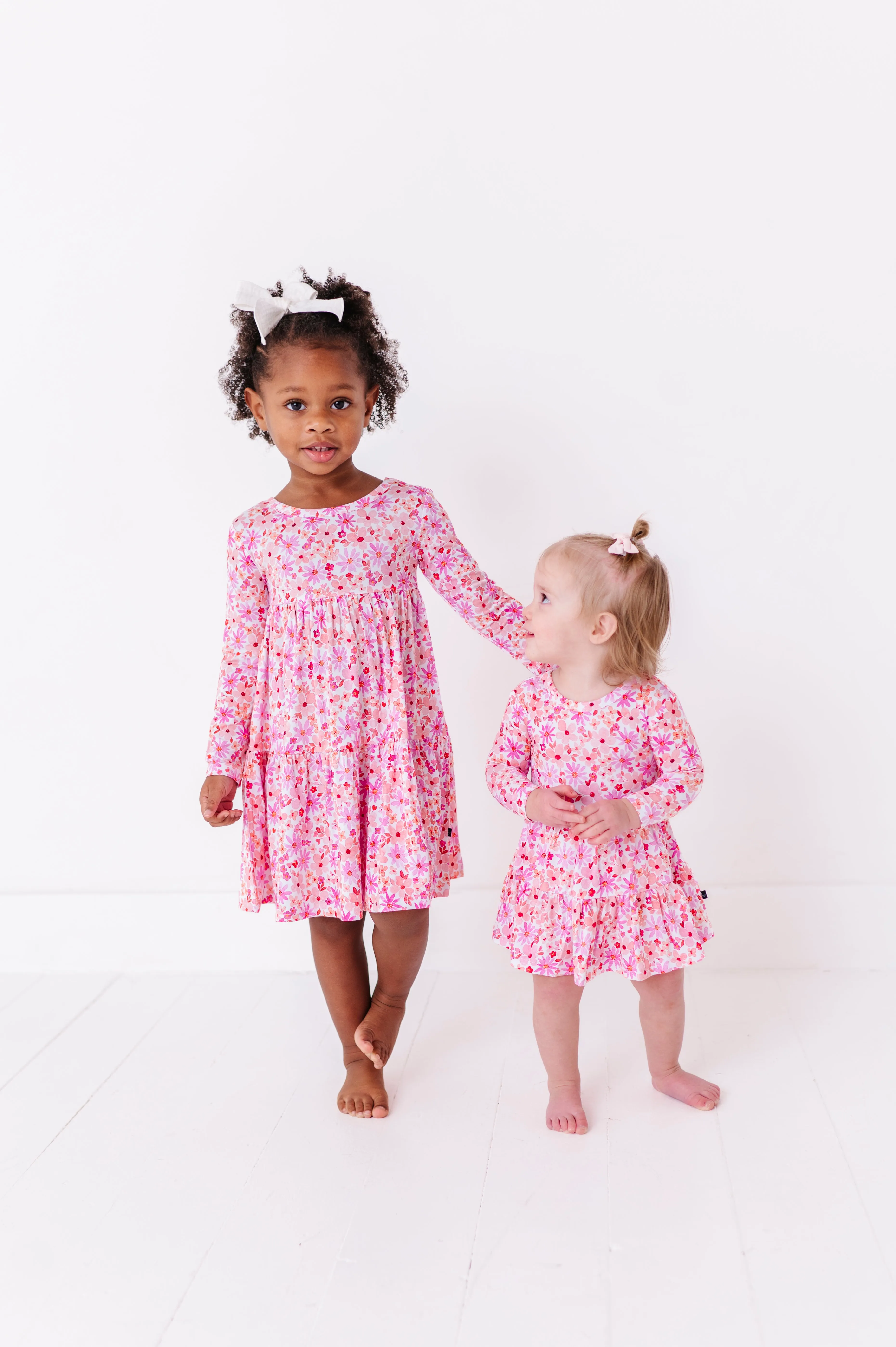The Sleepy Sloth Blushing Blooms Pink Floral Print Girls Tiered Long Sleeve Twirlie Dress