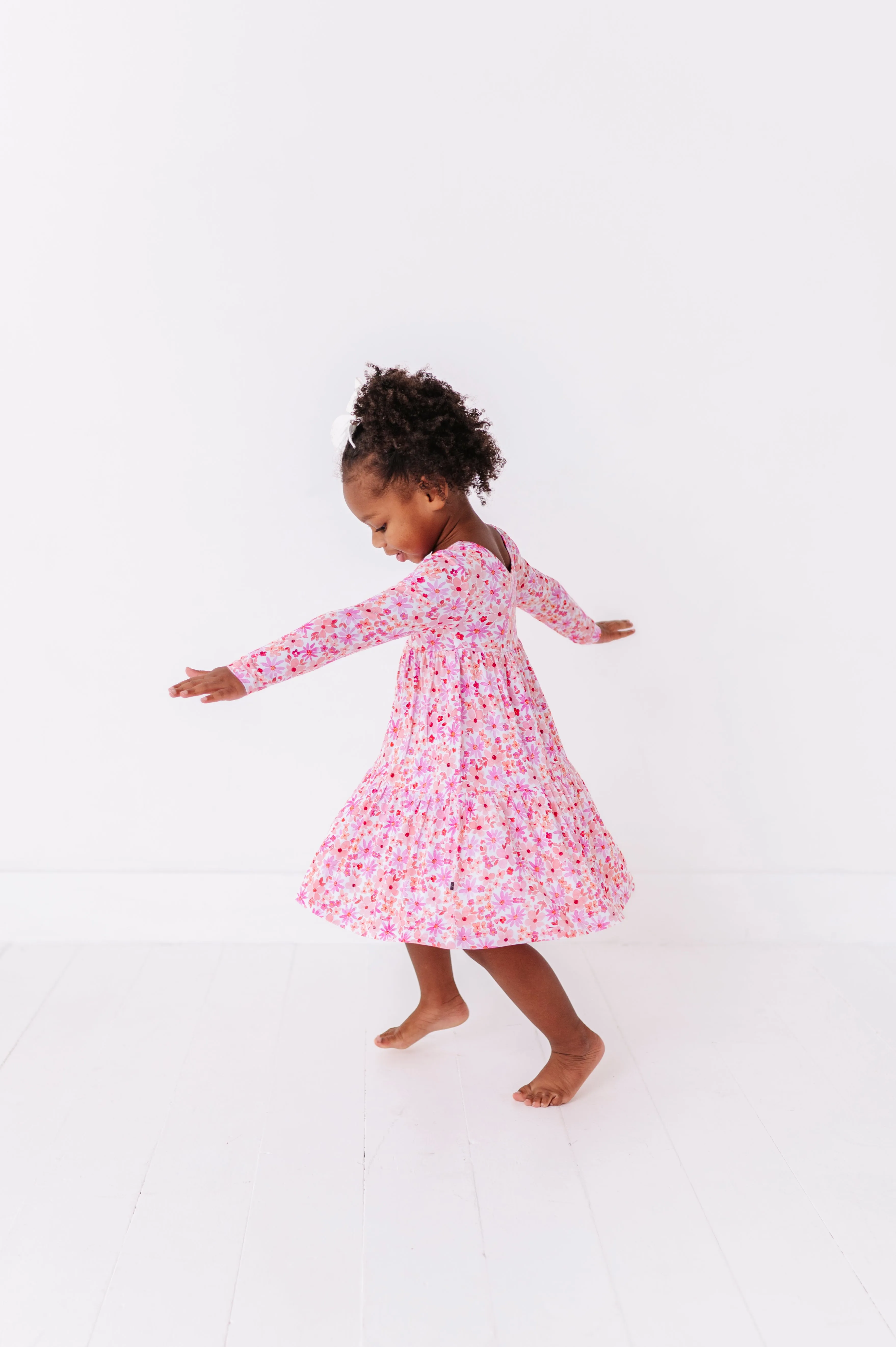 The Sleepy Sloth Blushing Blooms Pink Floral Print Girls Tiered Long Sleeve Twirlie Dress