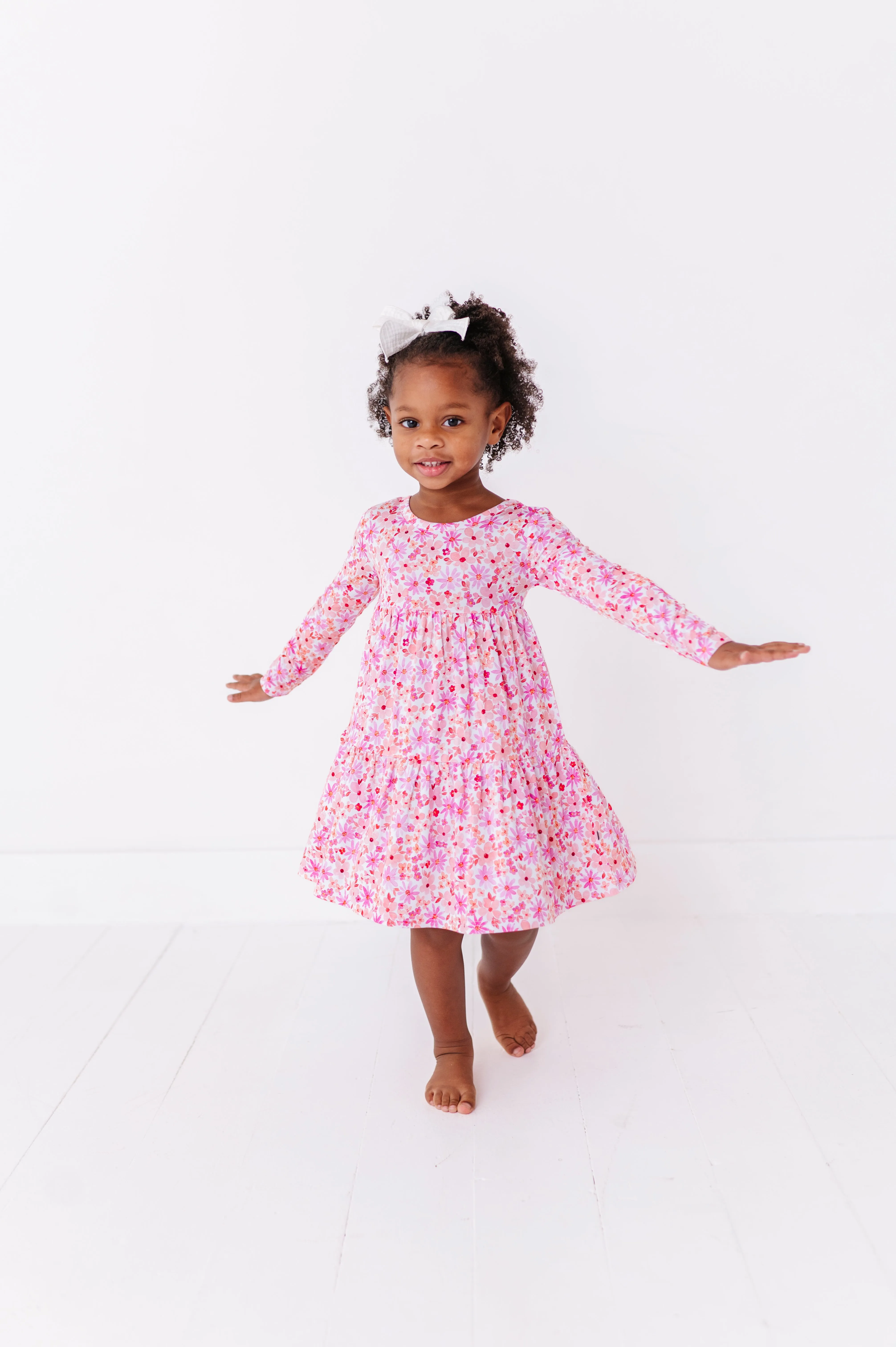 The Sleepy Sloth Blushing Blooms Pink Floral Print Girls Tiered Long Sleeve Twirlie Dress