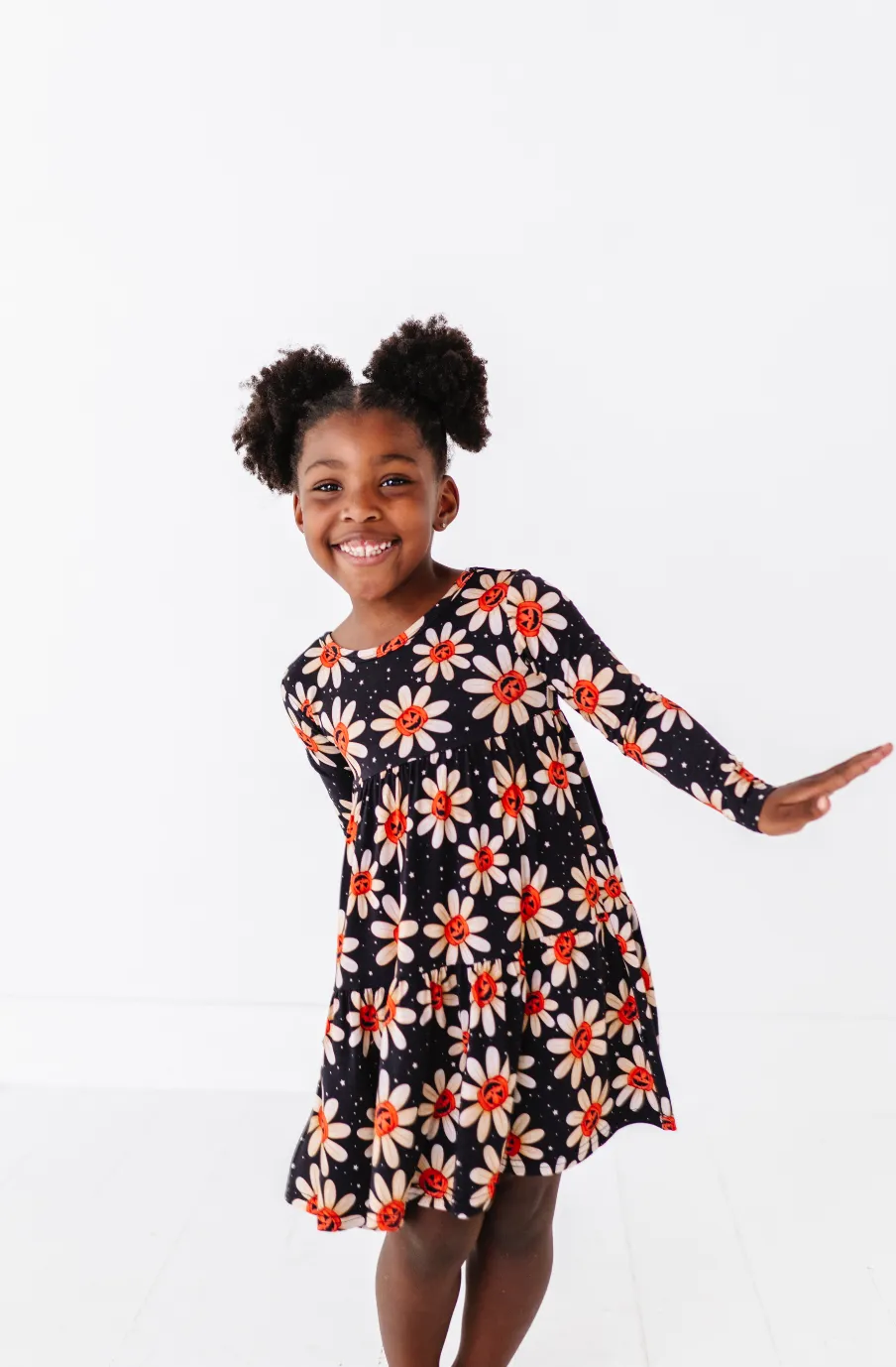 The Sleepy Sloth Gourdgeous Blooms Fall Pumpkin Halloween Print Girls Tiered Long Sleeve Twirlie Dress
