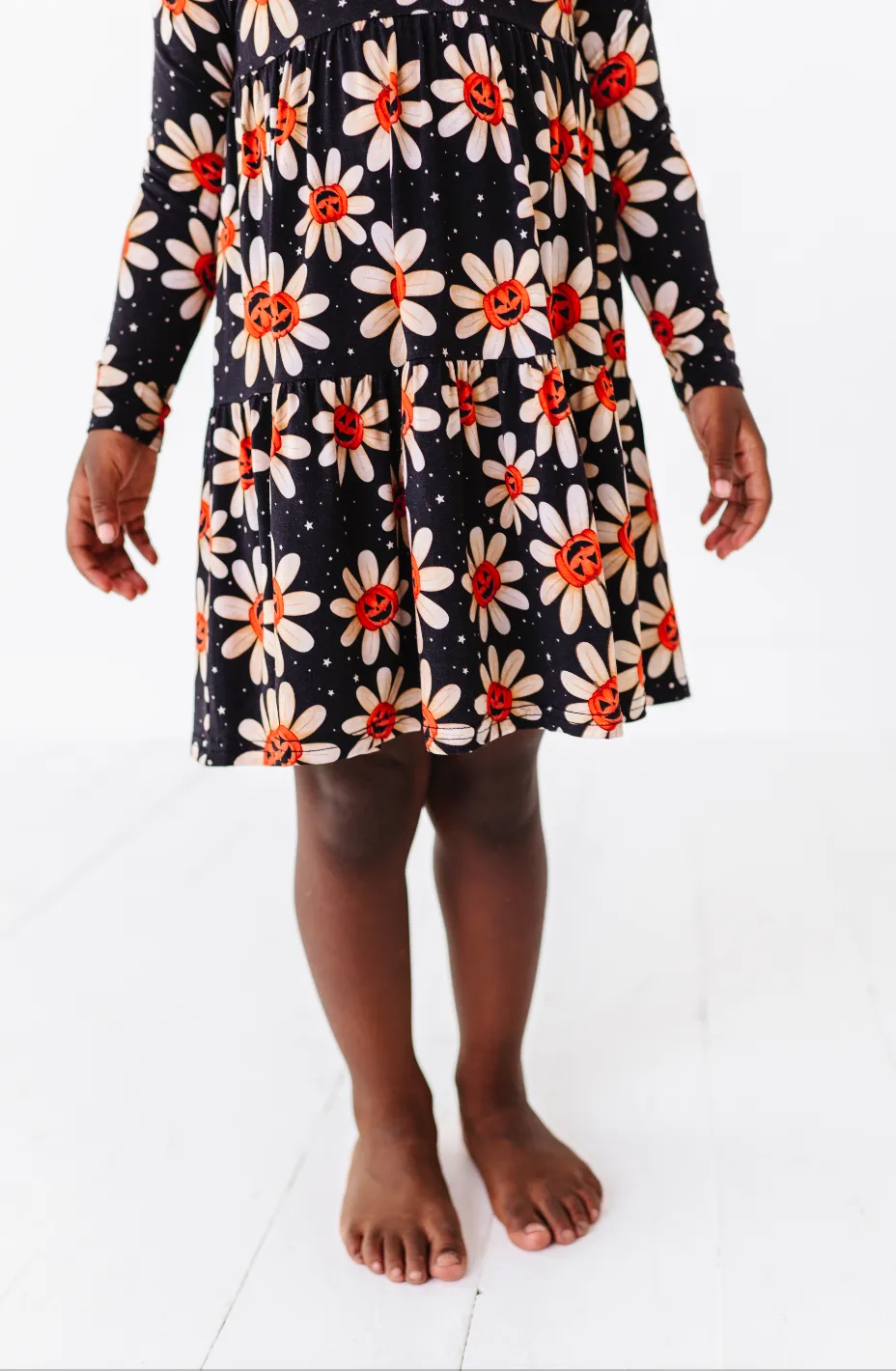 The Sleepy Sloth Gourdgeous Blooms Fall Pumpkin Halloween Print Girls Tiered Long Sleeve Twirlie Dress