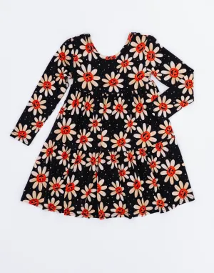 The Sleepy Sloth Gourdgeous Blooms Fall Pumpkin Halloween Print Girls Tiered Long Sleeve Twirlie Dress
