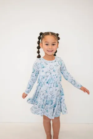 The Sleepy Sloth Midnight Ball Princess Print Girls Tiered Long Sleeve Twirlie Dress