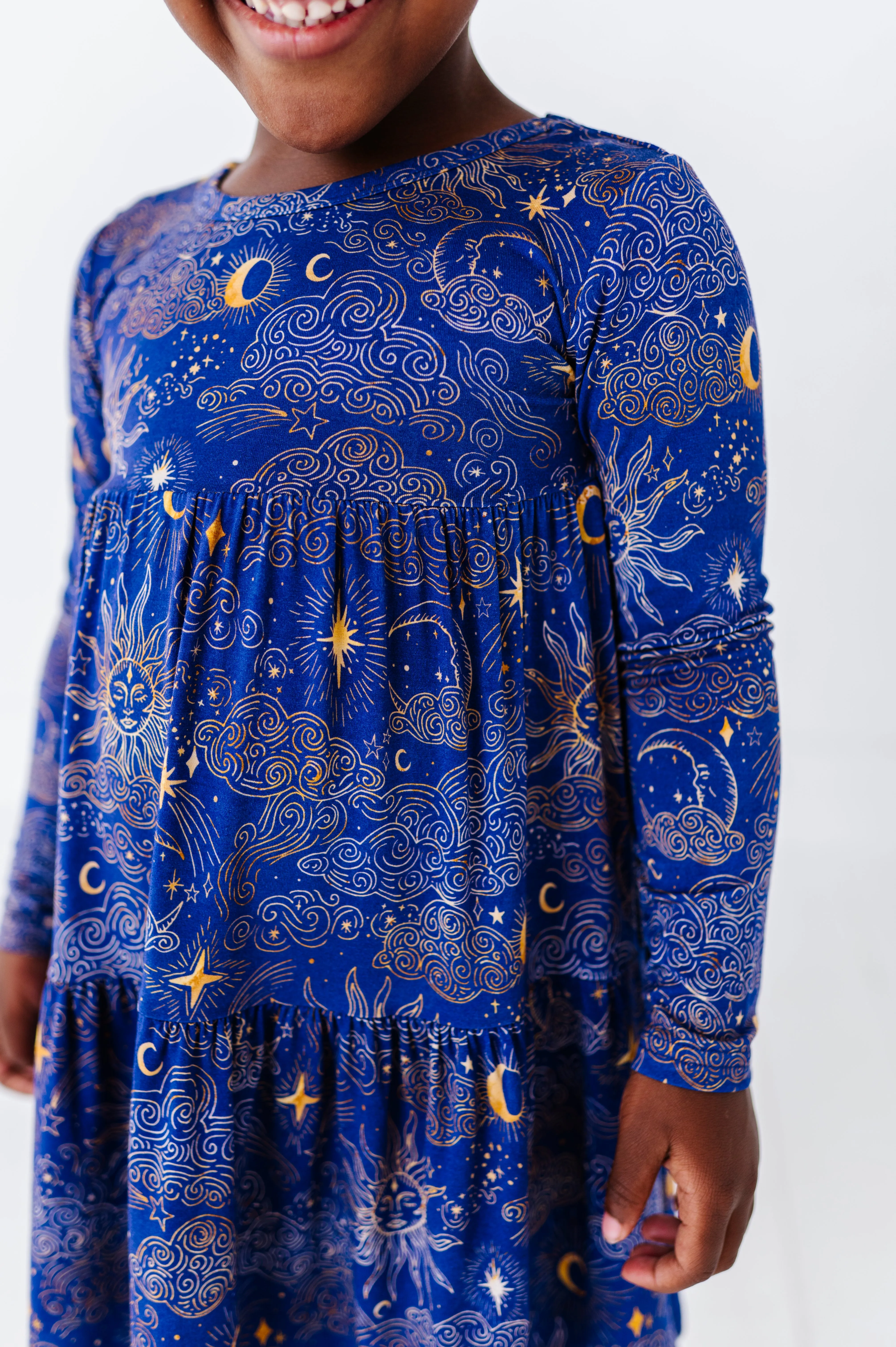 The Sleepy Sloth Mystic Sky Celestial Sun and Stars Girls Twirlie Dress