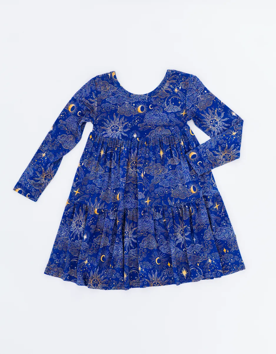 The Sleepy Sloth Mystic Sky Celestial Sun and Stars Girls Twirlie Dress