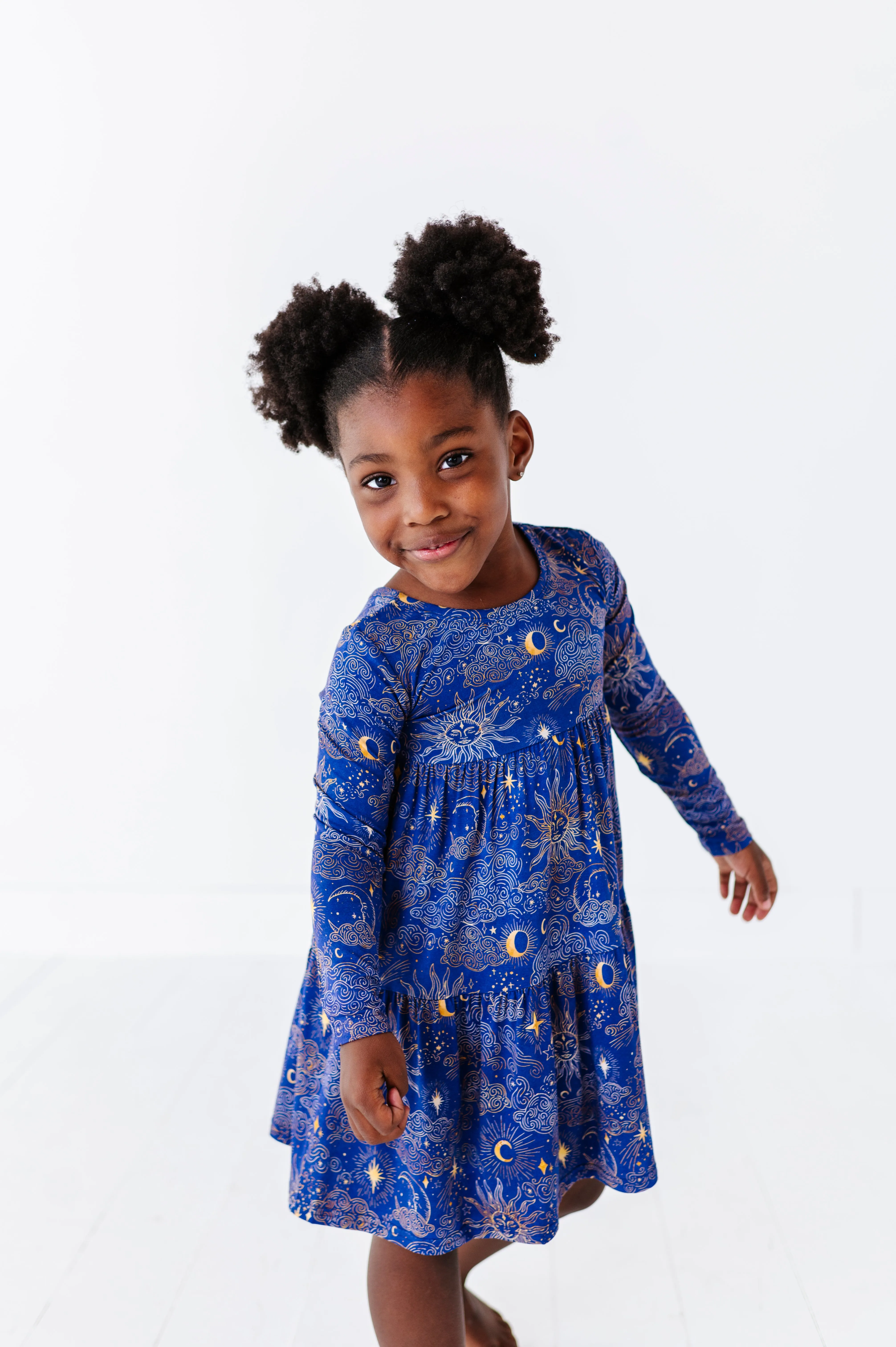 The Sleepy Sloth Mystic Sky Celestial Sun and Stars Girls Twirlie Dress