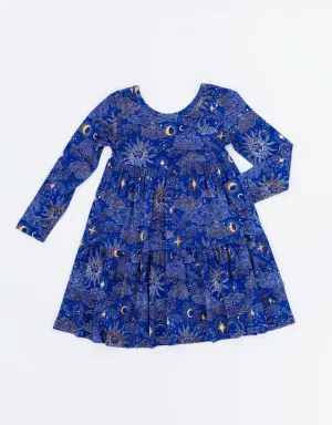 The Sleepy Sloth Mystic Sky Celestial Sun and Stars Girls Twirlie Dress