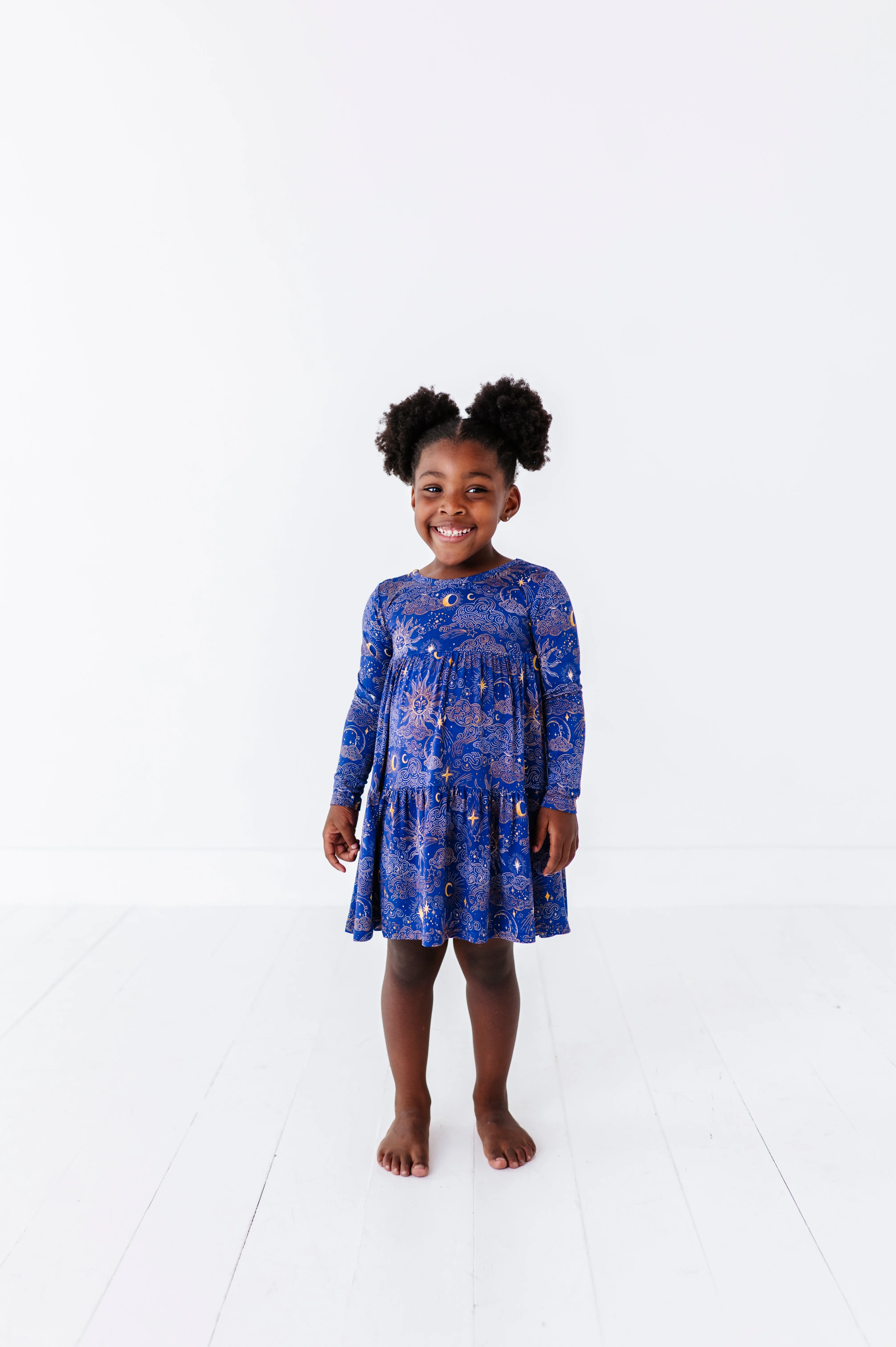 The Sleepy Sloth Mystic Sky Celestial Sun and Stars Girls Twirlie Dress