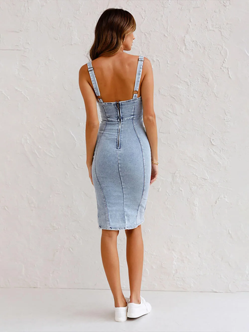 This Seasons Staple Denim Adjustable Trendy Straps Zip-up Firm Stretch Midi Dress