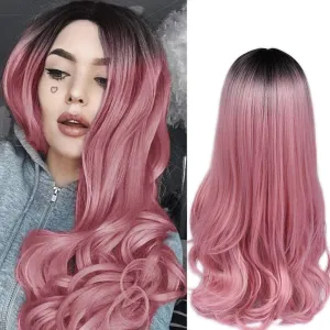 Trendy wig black to candy pink synthetic heat resistant curly wig 22"