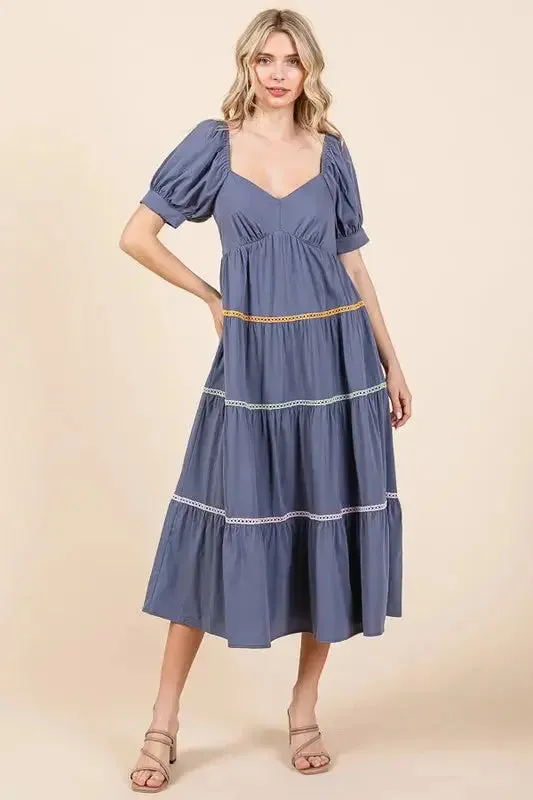 Trim Detail Puff Sleeve Tiered Maxi Dress – Flowy, Elegant & Feminine