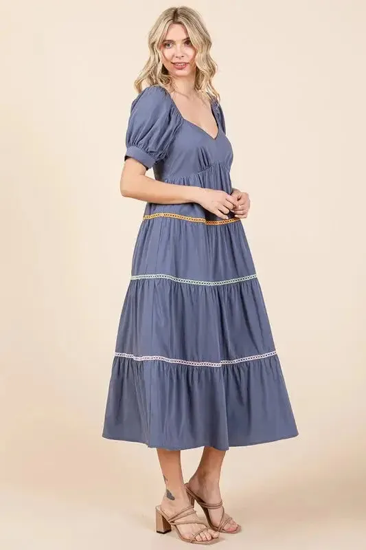 Trim Detail Puff Sleeve Tiered Maxi Dress – Flowy, Elegant & Feminine
