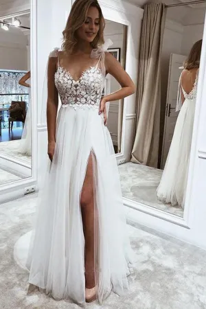 Tulle Lace A-line V-neck Straps Beach Wedding Dresses With Split, SW436