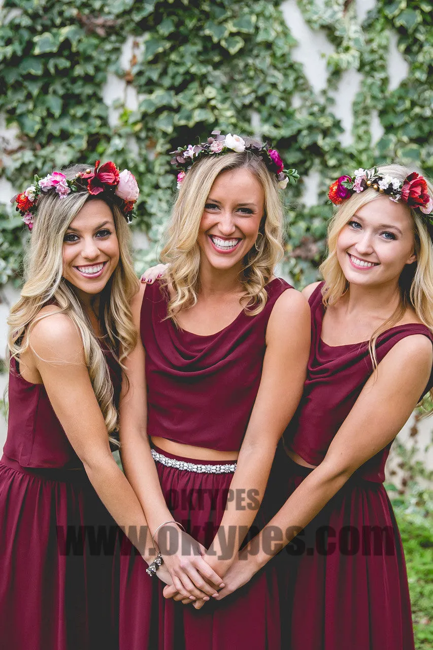 Two Piece Chiffon Floor Length Bridesmaid Dresses, Cowl Simple Bridesmaid Dresses, TYP0393