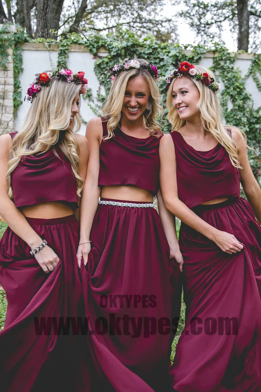 Two Piece Chiffon Floor Length Bridesmaid Dresses, Cowl Simple Bridesmaid Dresses, TYP0393