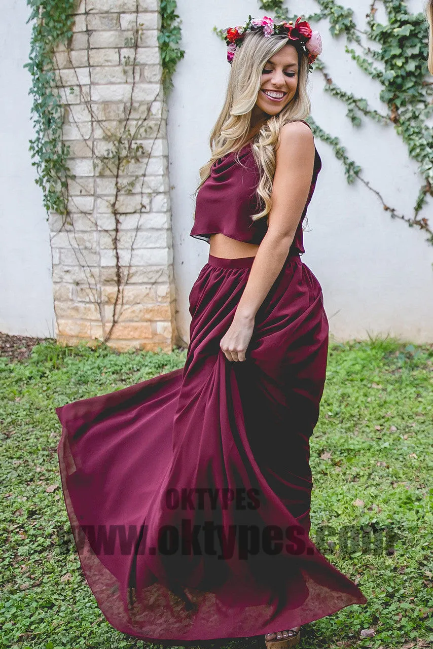 Two Piece Chiffon Floor Length Bridesmaid Dresses, Cowl Simple Bridesmaid Dresses, TYP0393