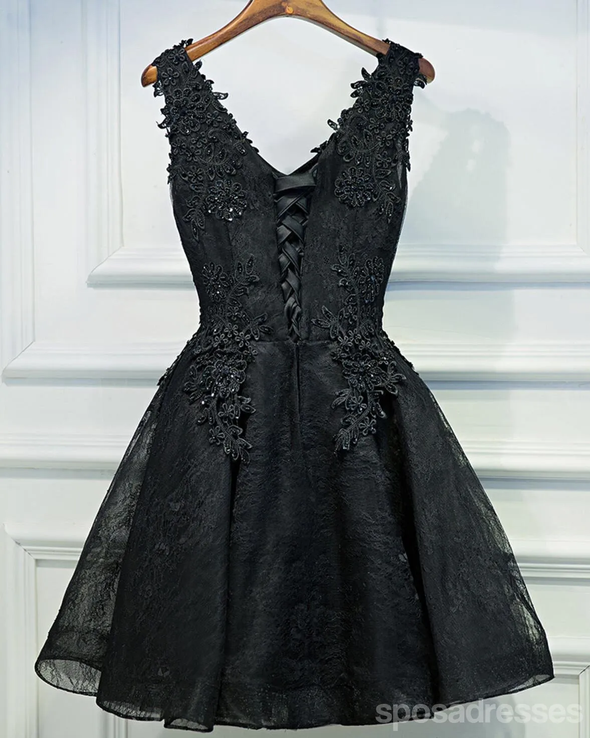 Two Straps Black Lace Heavily Beaded Homecoming Prom Dresses, Affordable Short Party Prom Dresses, Perfect Homecoming Dresses, CM264