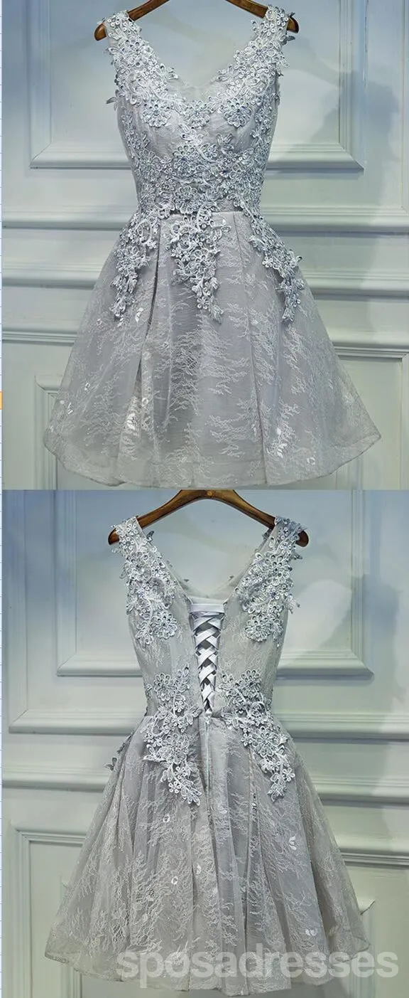 Two Straps Gray Lace Beaded Homecoming Prom Dresses, Affordable Short Party Prom Dresses, Perfect Homecoming Dresses, CM263