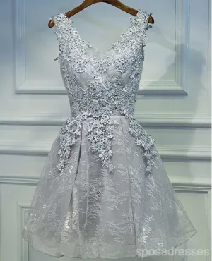 Two Straps Gray Lace Beaded Homecoming Prom Dresses, Affordable Short Party Prom Dresses, Perfect Homecoming Dresses, CM263