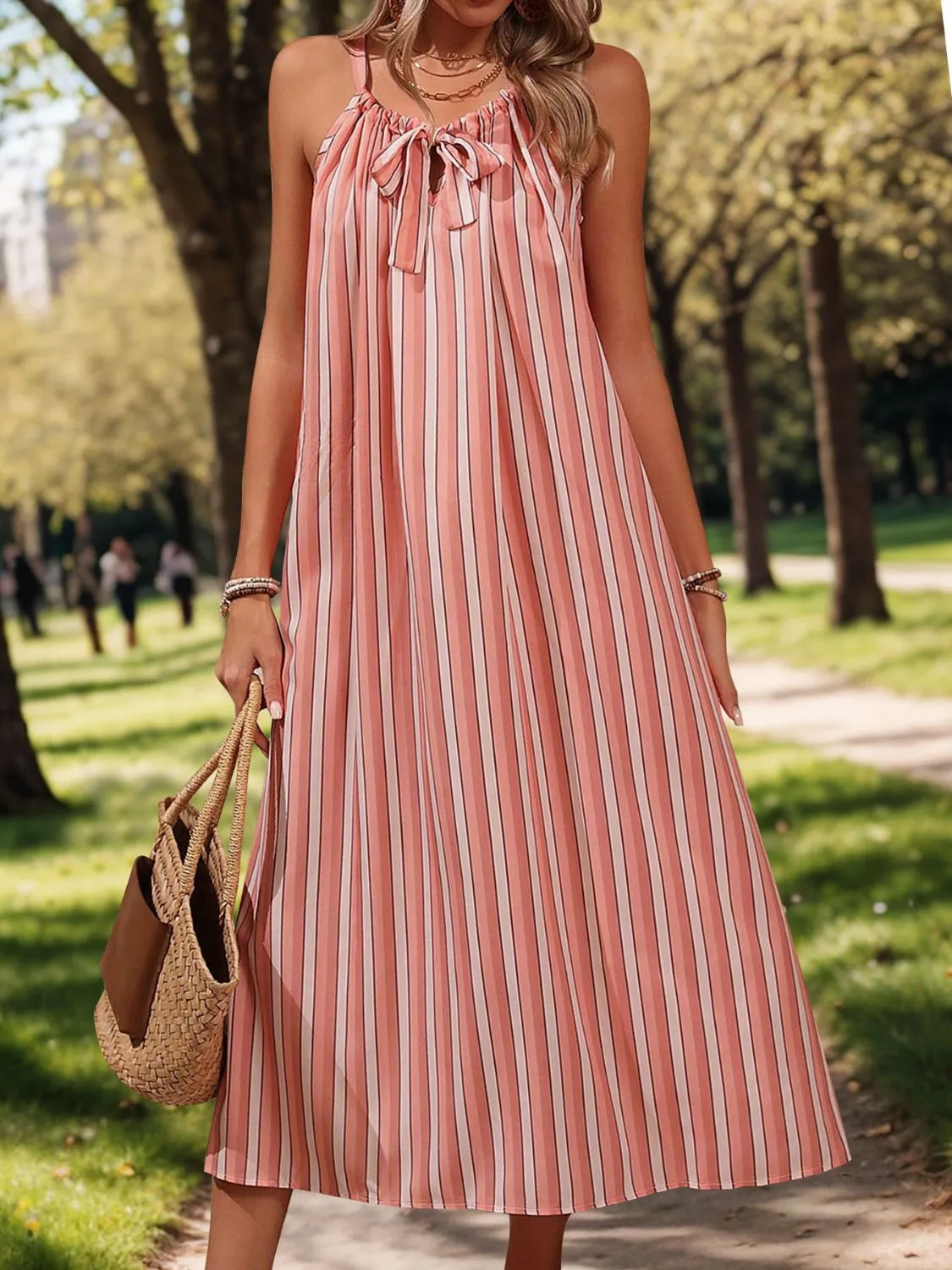 Tyler Striped Tie Neck Midi Cami Dress