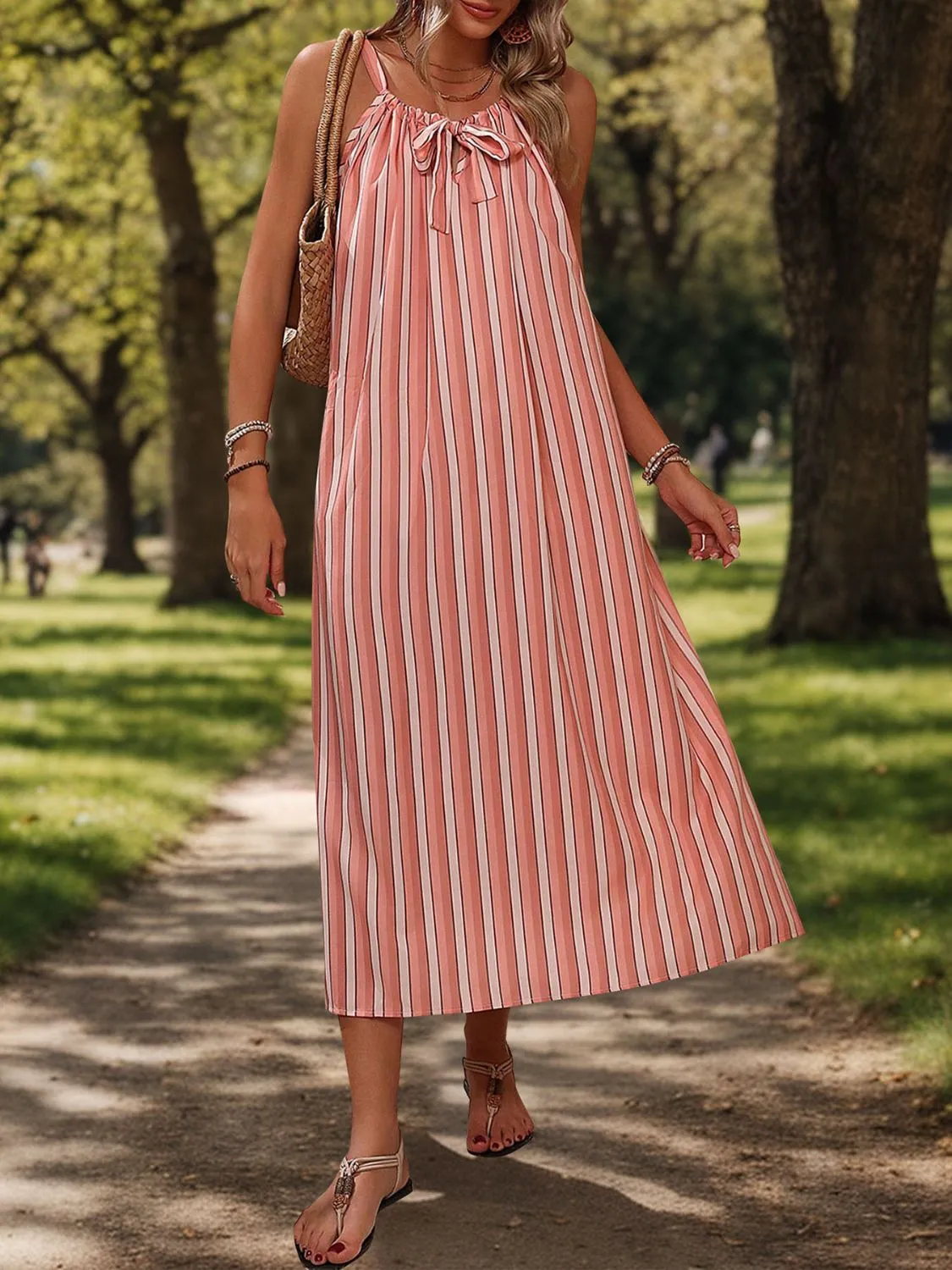 Tyler Striped Tie Neck Midi Cami Dress