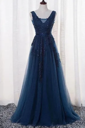 V Back Lace Appliques Navy Blue Long Prom Dress Tulle Formal Evening Dress OKX61