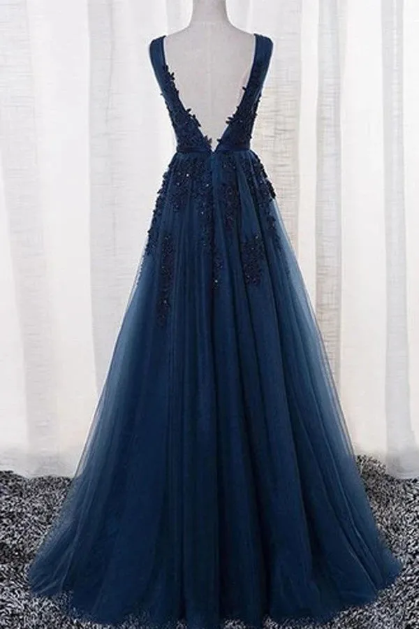 V Back Lace Appliques Navy Blue Long Prom Dress Tulle Formal Evening Dress OKX61
