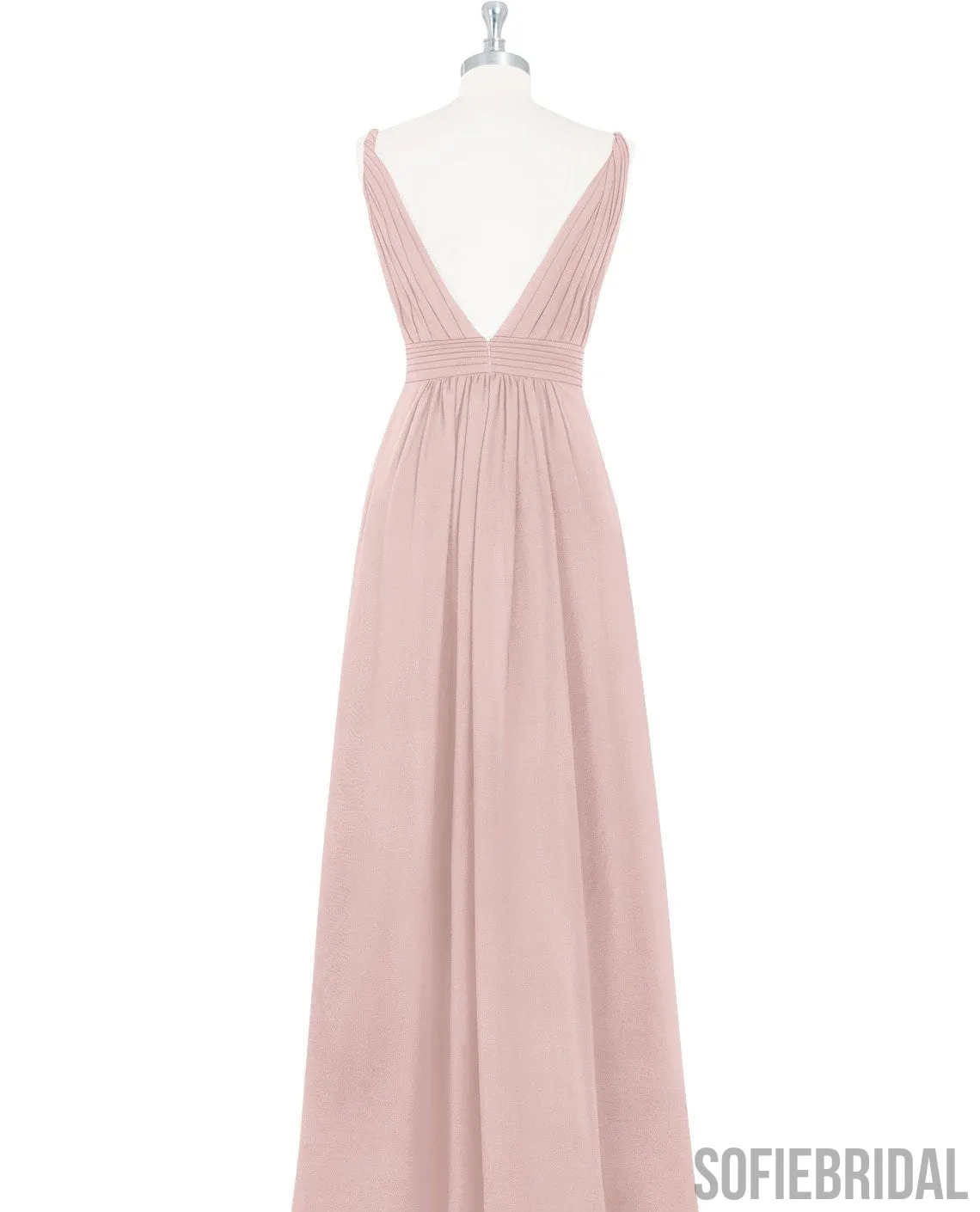 V-neck Blush Pink Long A-line Chiffon Bridesmaid Dresses, PD0927