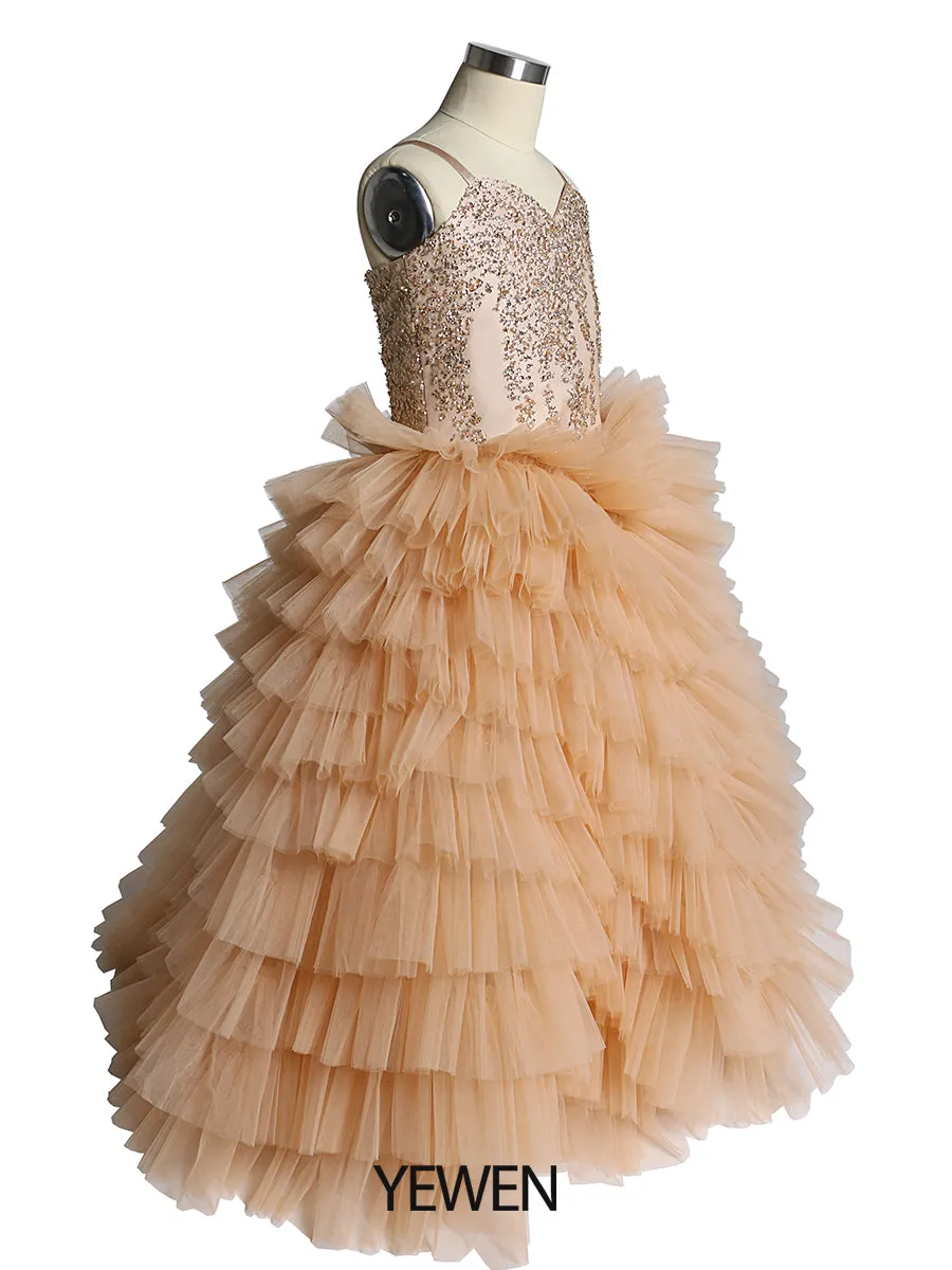 V Neck First Communion Dresses for Girls Layered Ruffles Flower Girl Dresses Princess Party Dress Photo shooting Dress