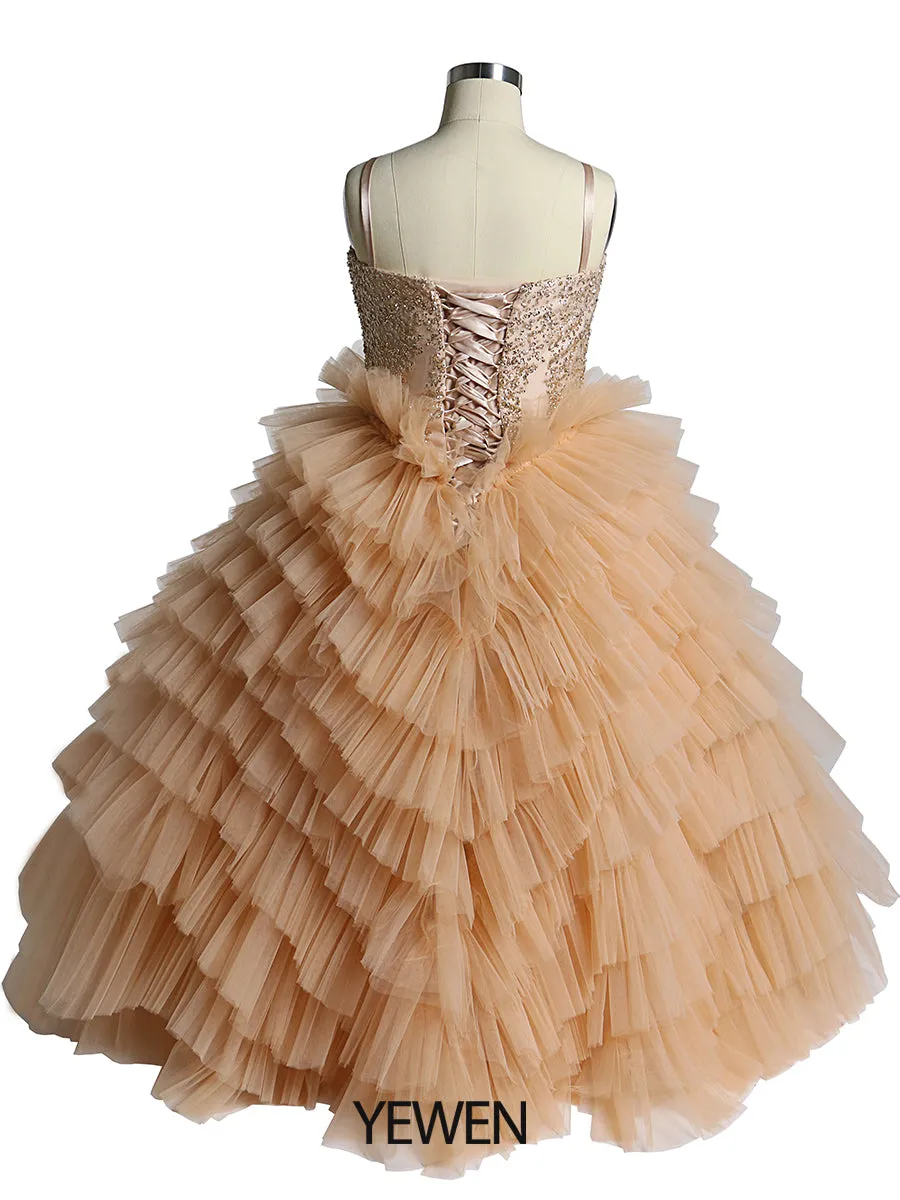 V Neck First Communion Dresses for Girls Layered Ruffles Flower Girl Dresses Princess Party Dress Photo shooting Dress