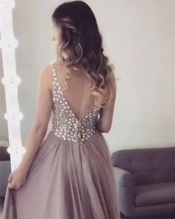 V-neck long A-line Rhinestone Tulle Prom Dresses, PD0979