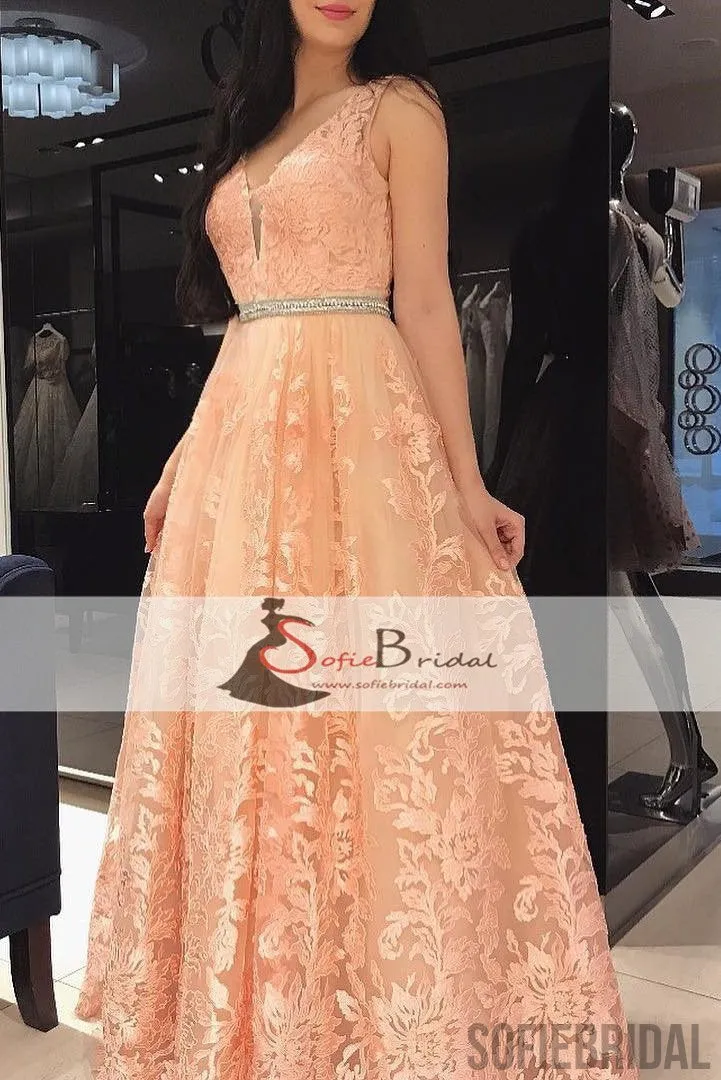 V-neck Lovely Lace Beaded Prom Dresses, Sleeveless Long A-line Prom Dresses, Prom Dresses, PD0452