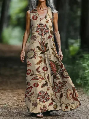 Vintage V-neck Bohemian Floral Print Elegant Chic Loose Midi Dress