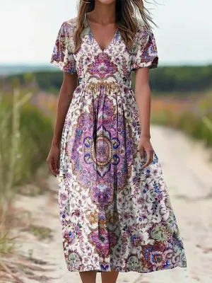 Vintage V-neck Bohemian Floral Print Elegant Chic Loose Midi Dress