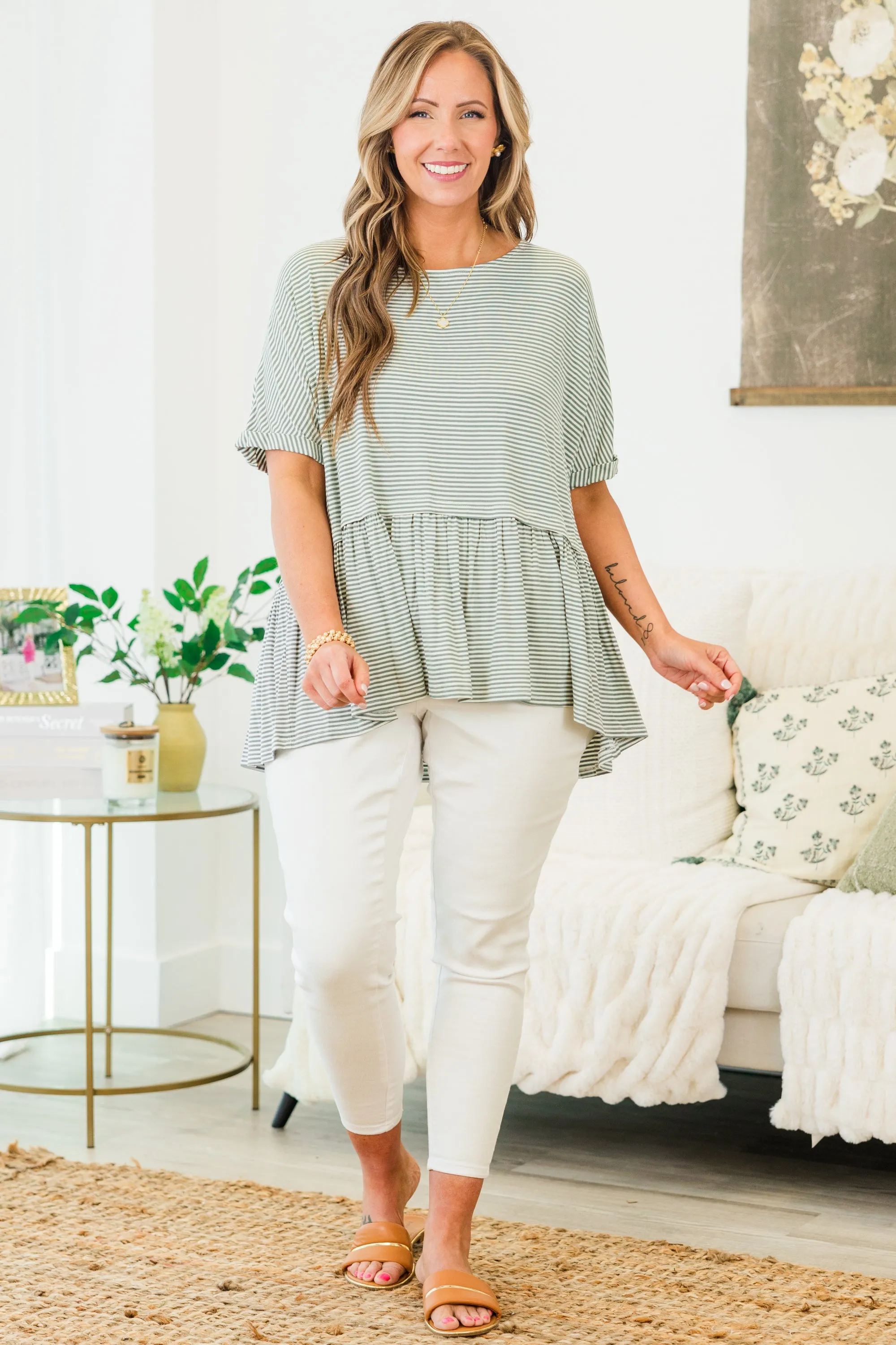Wear And Tear Top, Sage-Ivory