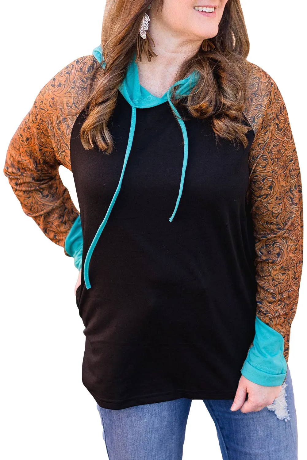Western Print Color Block Plus Size Hoodie