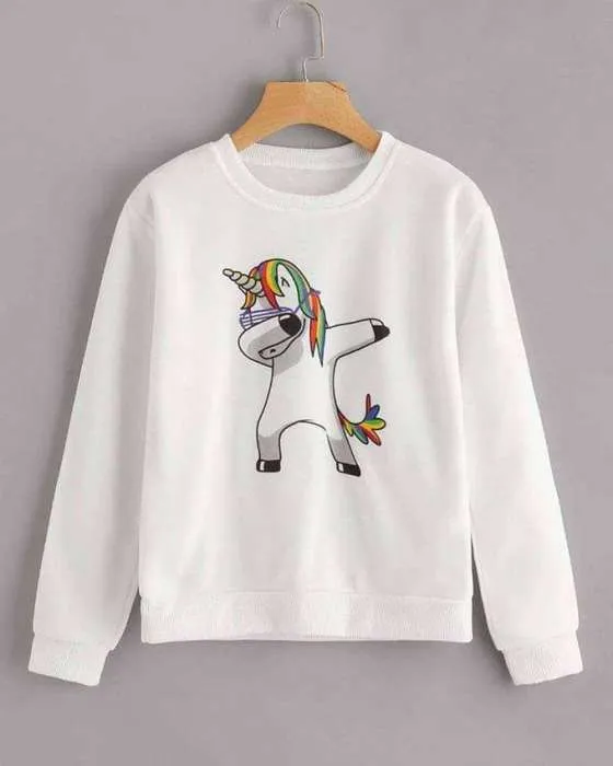 White Funky Unicorn Print Sweat Shirt For womens