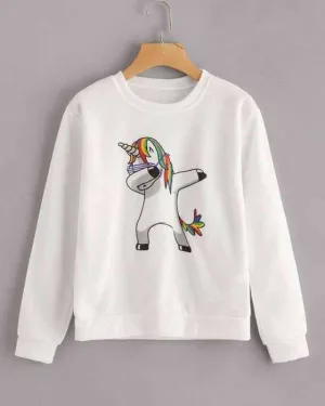 White Funky Unicorn Print Sweat Shirt For womens