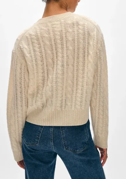 WHITE   WARREN CASHMERE CROPPED CABLE CREW