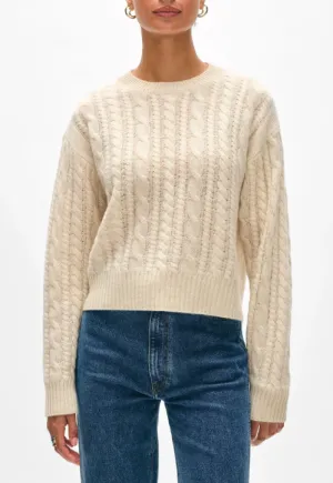 WHITE   WARREN CASHMERE CROPPED CABLE CREW