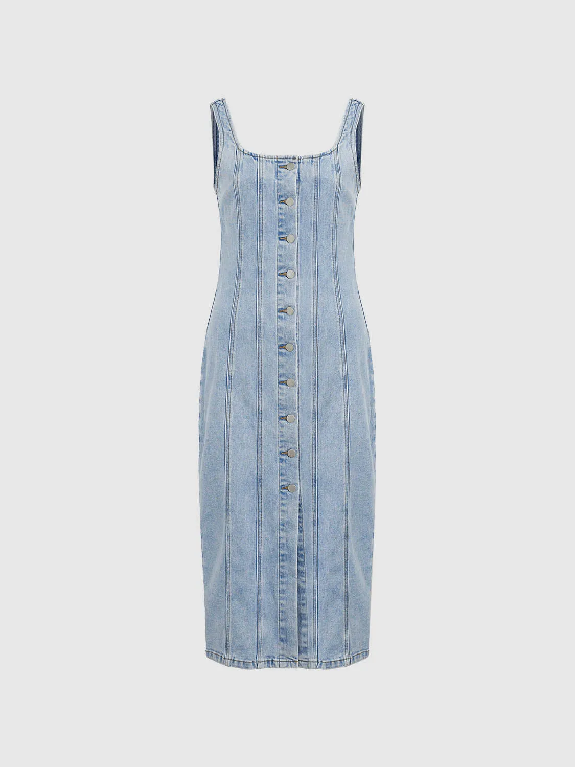 Wide Strap Button Up Denim Dresses