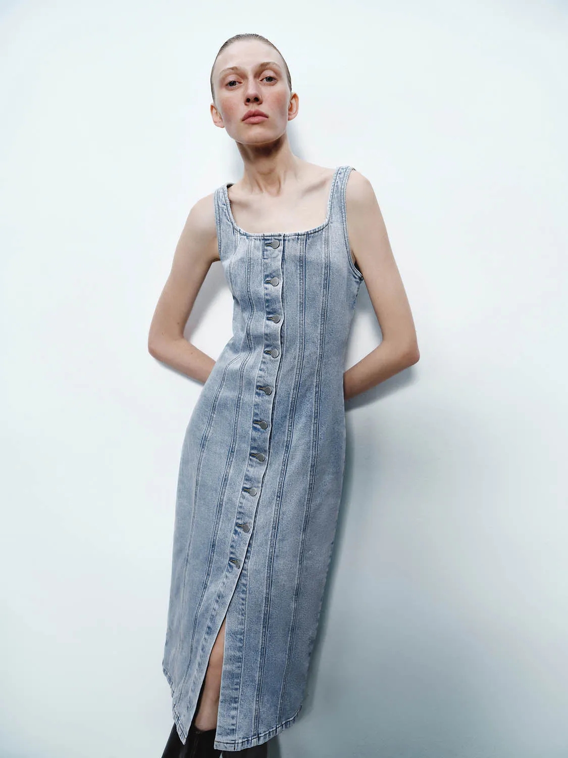 Wide Strap Button Up Denim Dresses