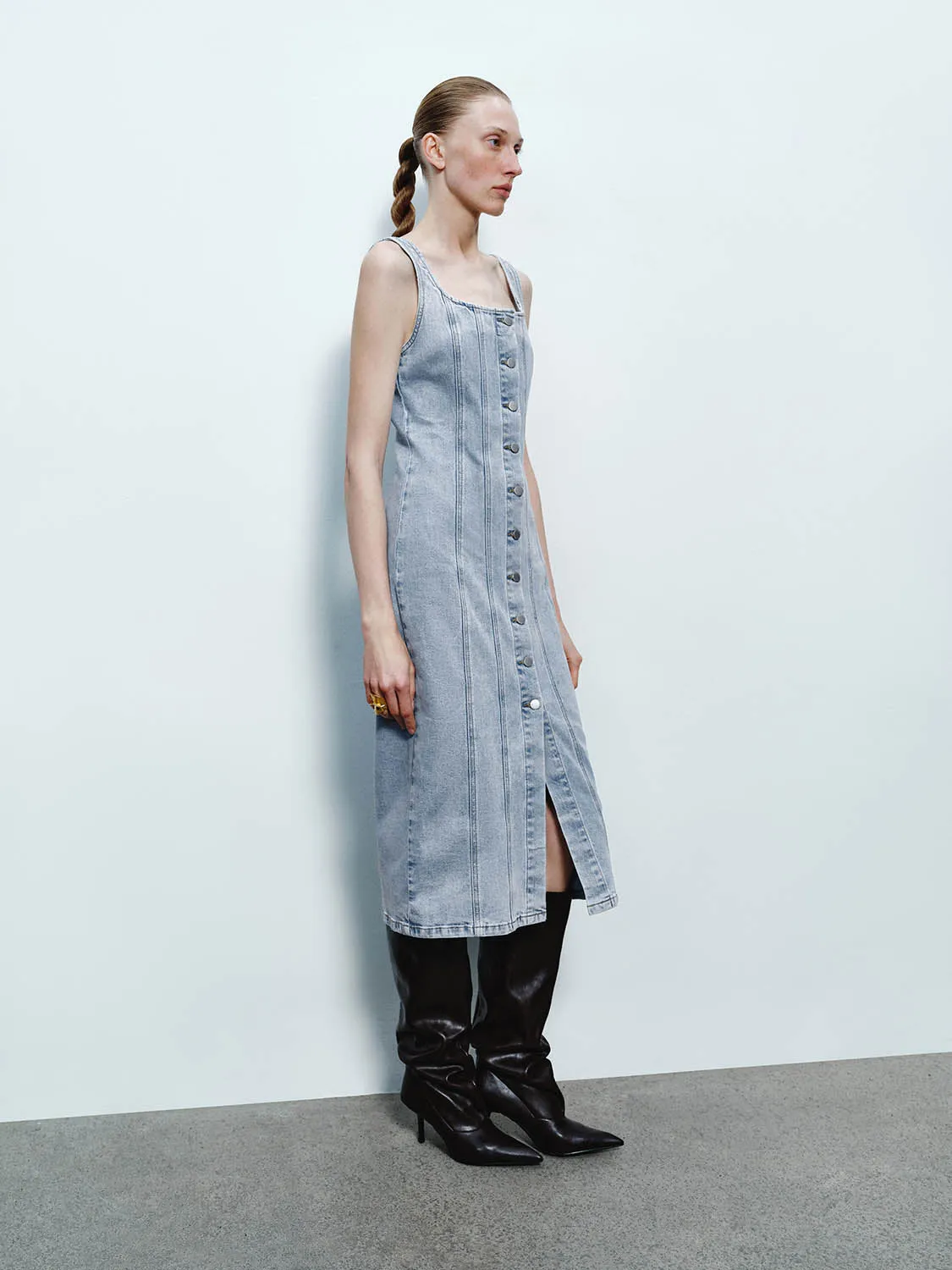 Wide Strap Button Up Denim Dresses