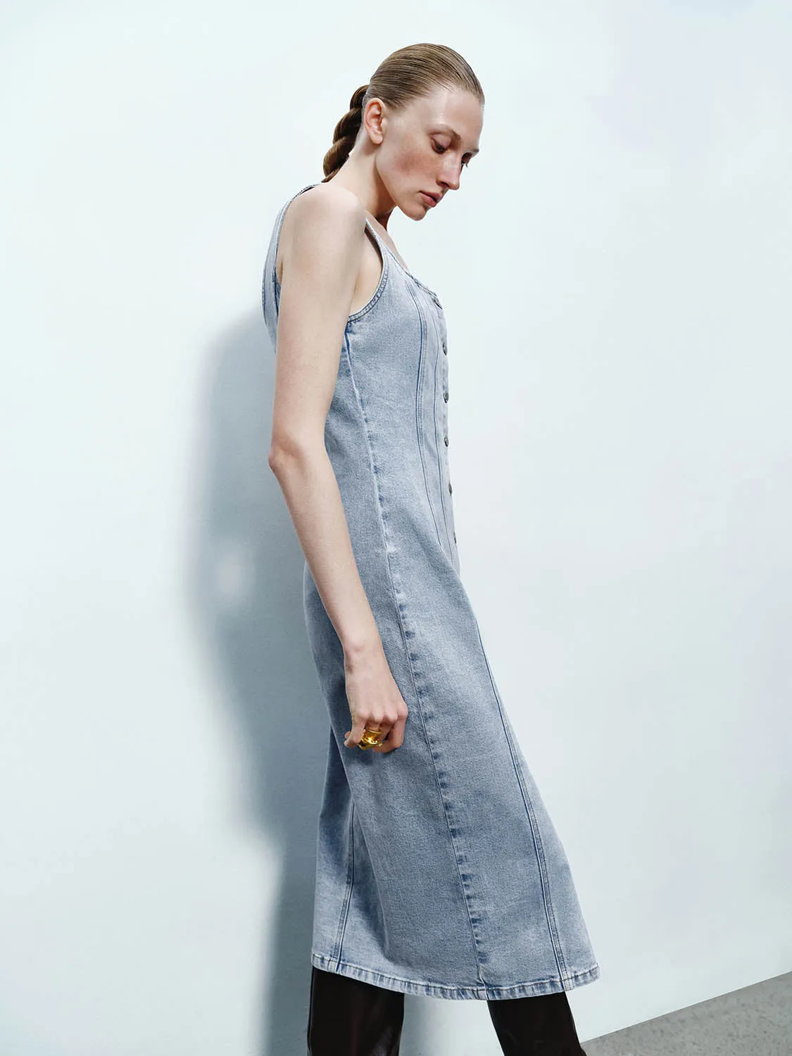 Wide Strap Button Up Denim Dresses