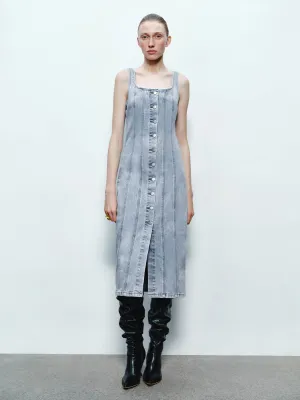 Wide Strap Button Up Denim Dresses